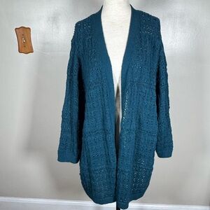 J. Jill Teal Blue Crochet Open Knit Plus Size 4X Open Front Cardigan Sweater